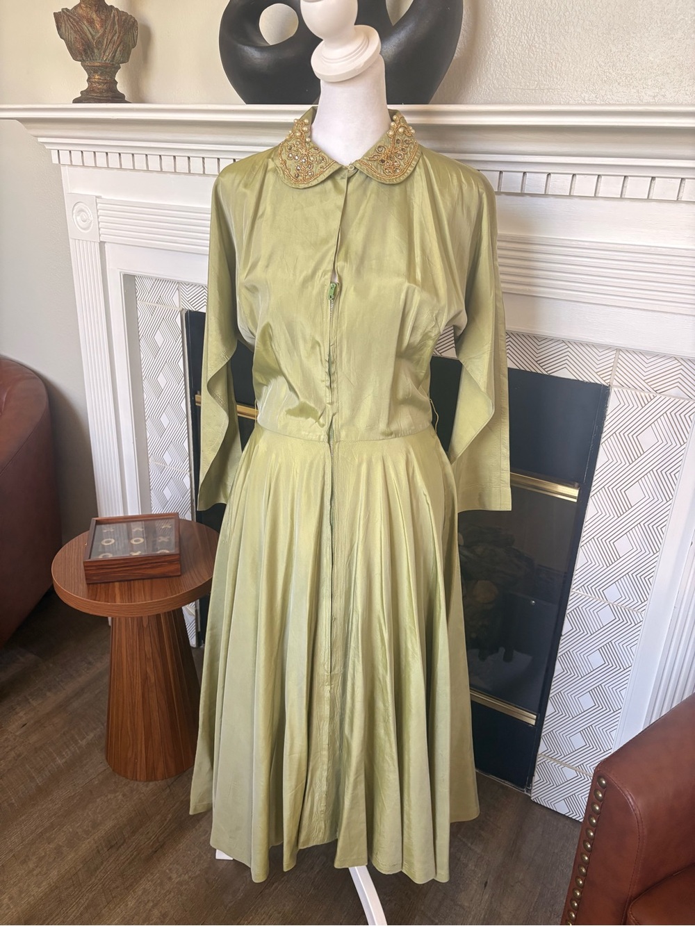 Beaded Collar Long Sleeve Green Tea Dress